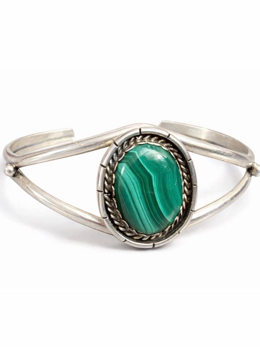Vintage Sterling Silver Malachite Cuff Bracelet Signed Modernist Southwest 15g